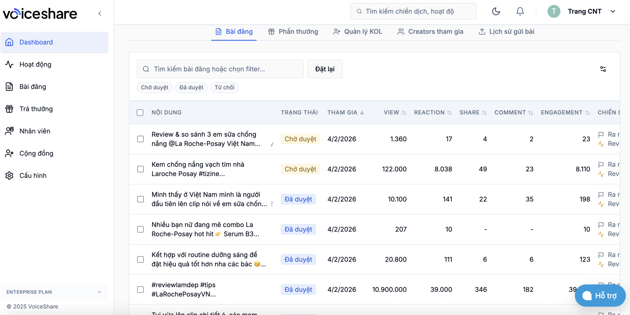 Tự động tracking KOL campaign: Theo dõi hiệu suất bài đăng chỉ với 1 link (hoặc 100+ link cùng lúc) Dữ liệu được cập nhật liên tục và hiển thị rõ ràng trên dashboard