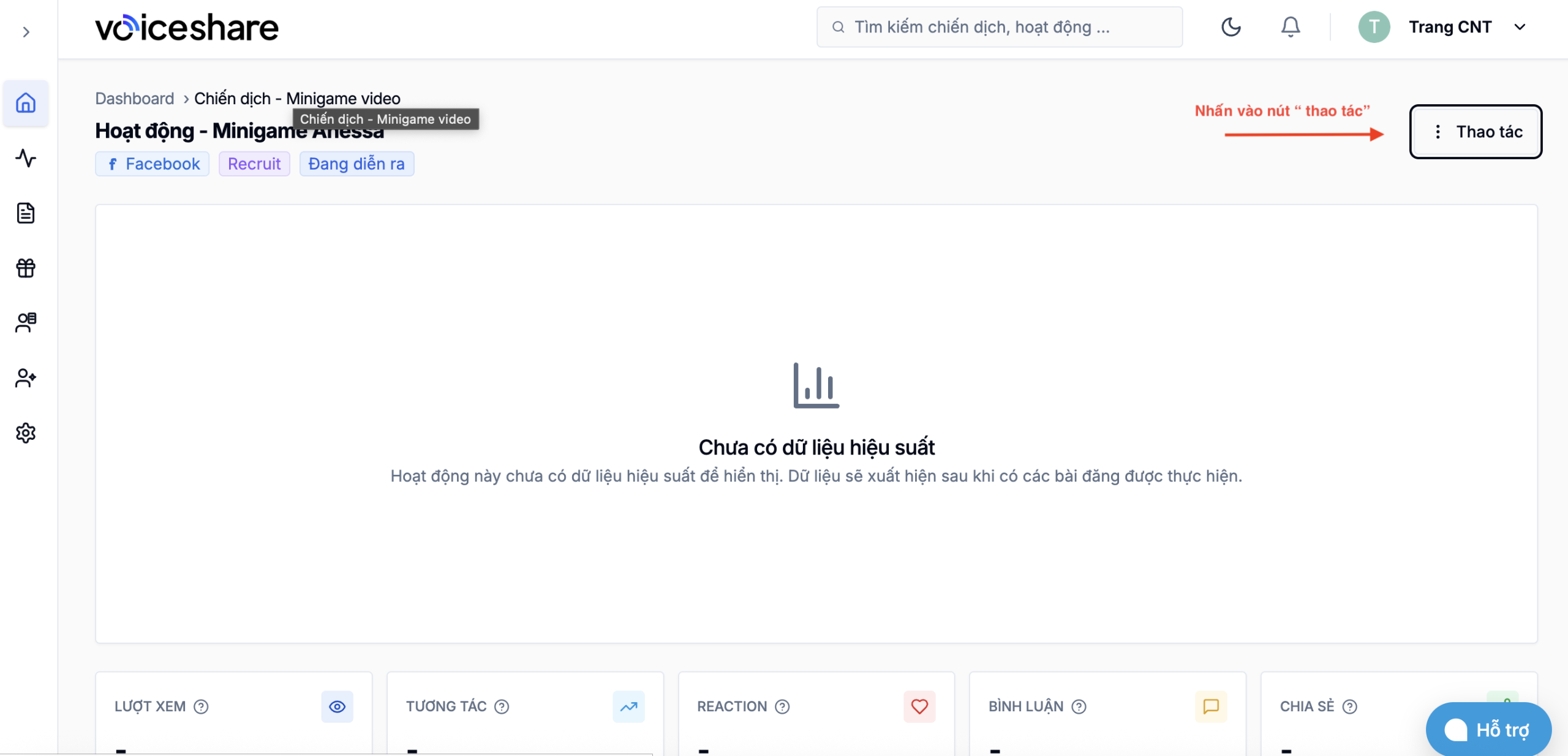 Tự động tracking KOL campaign: Theo dõi hiệu suất bài đăng chỉ với 1 link (hoặc 100+ link cùng lúc) Bước 2: Nhấn vào nút thao tác