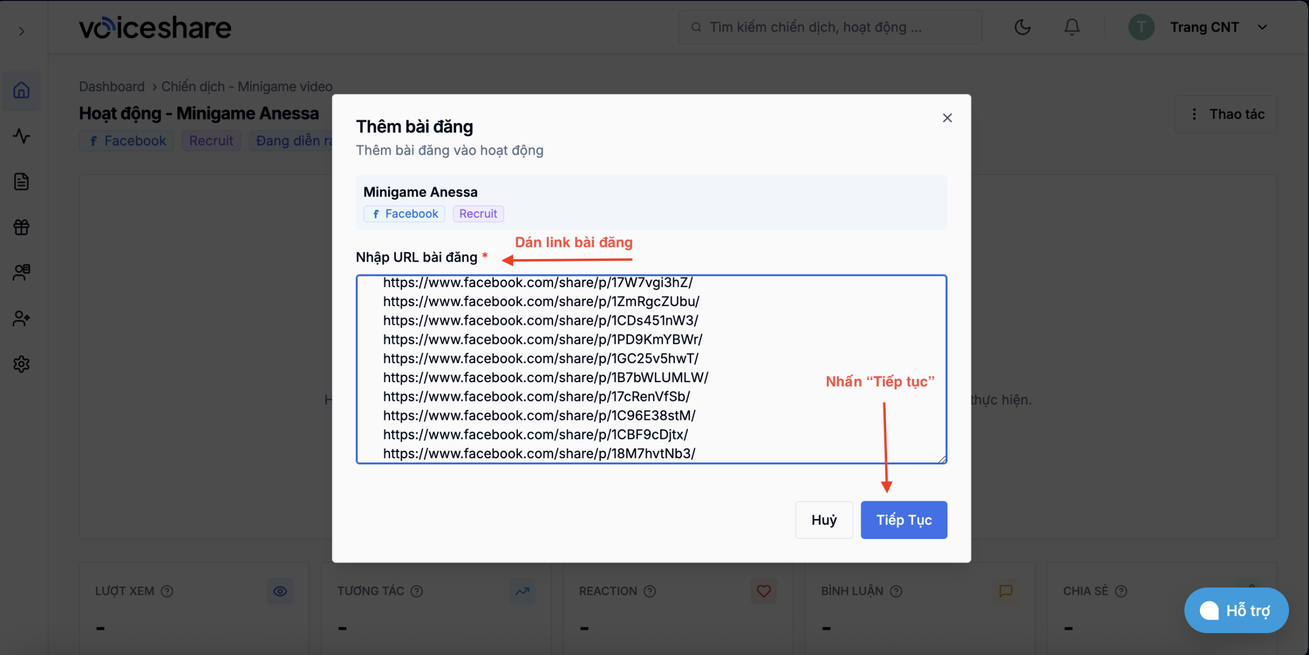 Tự động tracking KOL campaign: Theo dõi hiệu suất bài đăng chỉ với 1 link (hoặc 100+ link cùng lúc) Bước 3: Dán link bài đăng